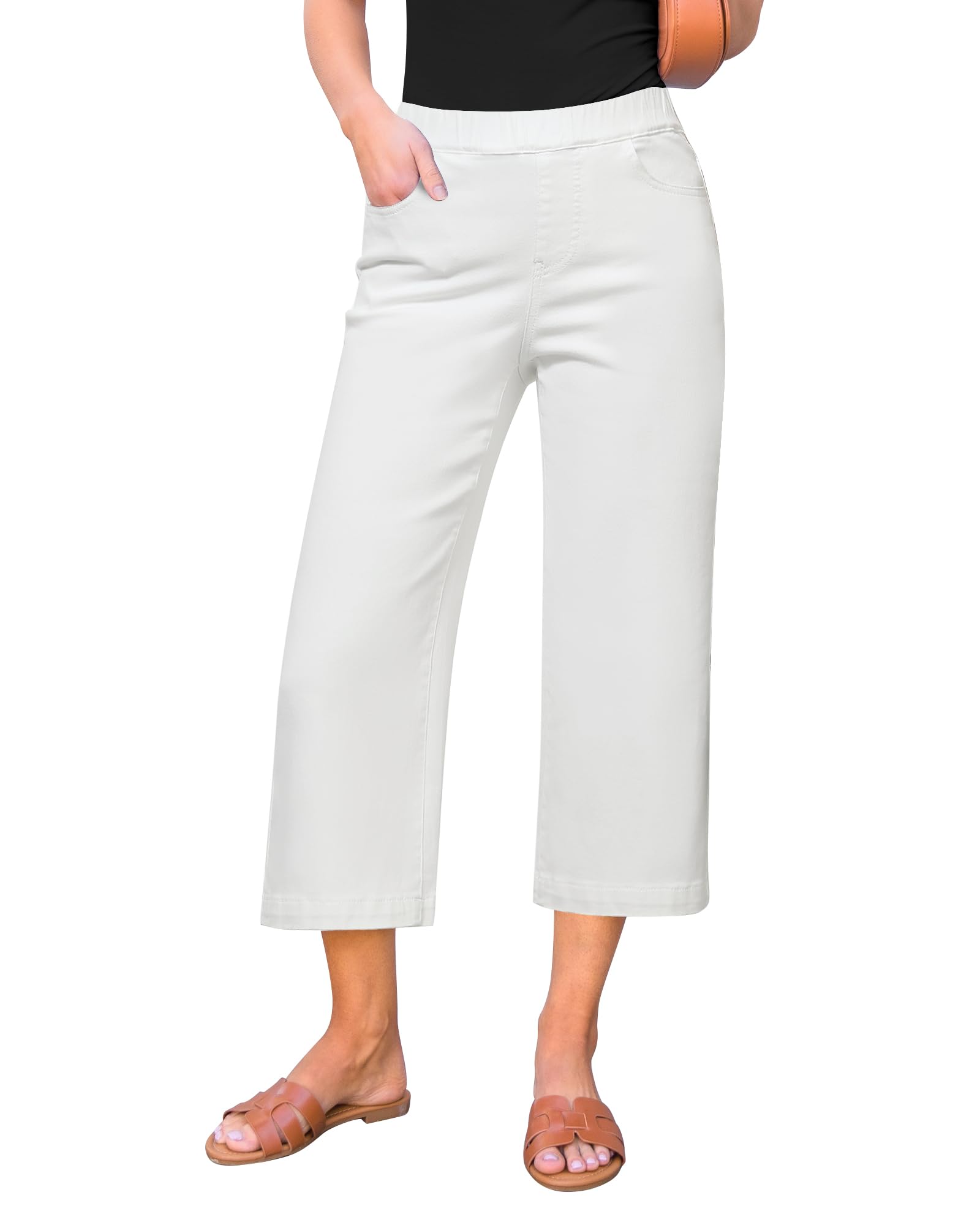GRAPENT Capri Jeans for Women Wide Leg High Waisted Effortless Flow Pull On Stretchy Denim Elastic Waist Pants