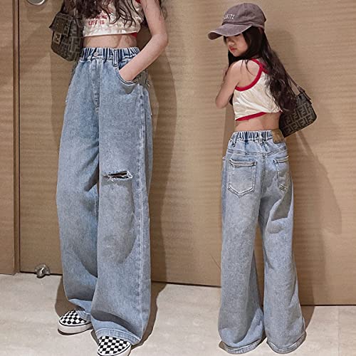 Yayabroe Kids Girls Ripped Distressed Washed Baggy Wide Leg Casual Jeans Size 5-14 Yrs (11-12 Years, Blue) #TOP7