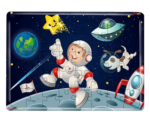 Image of Fiddlys 40 Pcs Paperless Wooden Jigsaw Puzzle for Kids & Children Age 4+ Learning Educational Double Layered Wooden Puzzles with Bright Front & Back Print (Space Hero & Astronaut)