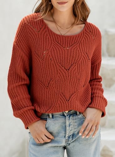 Image of Dokotoo Womens Sweaters 2026 Crewneck Cute Elegant Soft Long Sleeve Hollow Cable Knit Pullover Tops