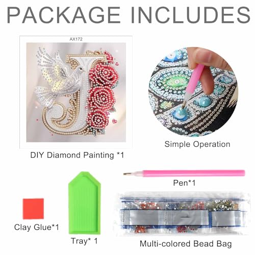 Image of AiYuanzsh 5D Diamond Art Kits for Adults Letter J, Joyful Floral Rose & Dove Special Shape Diamond Painting for Beginners, DIY Initial Diamond Art Craft for Home Wall Decoration 17x17cm