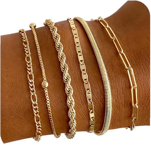 VXOAP Gold Bracelets for Women, 14K Gold Plated Jewelry Set Stackable Bracelets 6 Pcs Dainty Layered Trendy Waterproof Link Chain Fashion Accessories Gifts for Womens