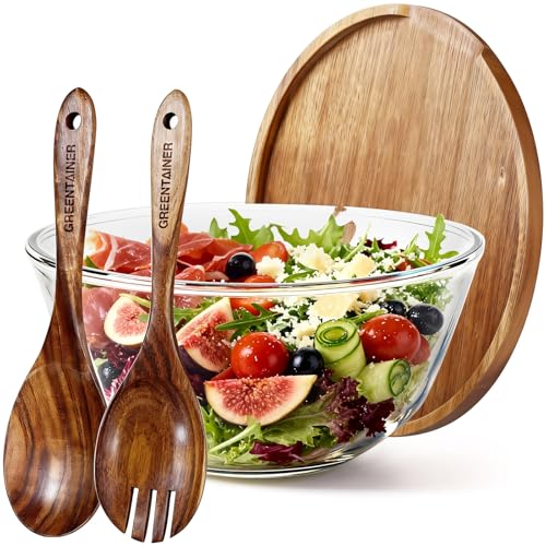 Greentainer Salatschüssel Set 4-teilig, Salatbesteck mit Salatschale, runde Schale, Salatschüssel Glas, spülmaschinengeeignet