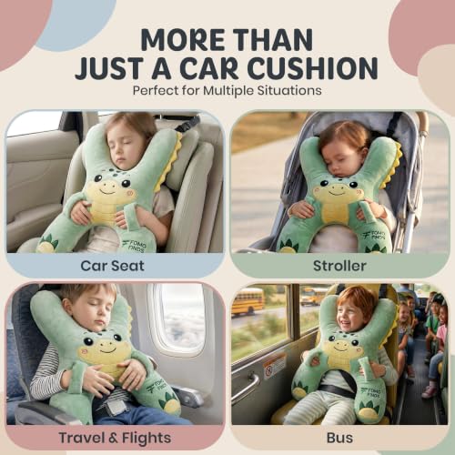 Image of Kids Car Sleeping Pillow, H-Shaped for Neck & Back Support, Dino Green