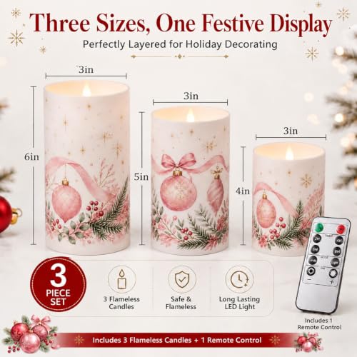 Image of Tujoe 3 Pcs Christmas Pink Ballet Flameless Candles LED Pillar Candle
