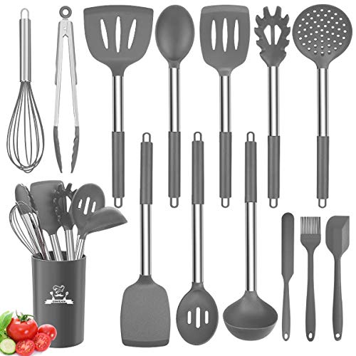 Silicone Cooking Utensil Set, 14pcs Kitchen Utensils Set Non-stick Heat Resistant Cookware Copper Stainless Steel Handle Cooking Tools Turner Tongs Spatula Spoon - BPA Free, Non Toxic