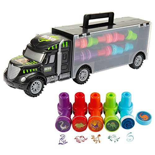 Oumoda Dinosaur Truck, Dinosaurs Transport Car Carrier Truck Toy With 6 Dinosaurs Toys Inside And 10 Dinosaur Stamps, Gifts For Kids/Boys Toy For Ages 3, 4, 5, Years Old And Up #TOP2
