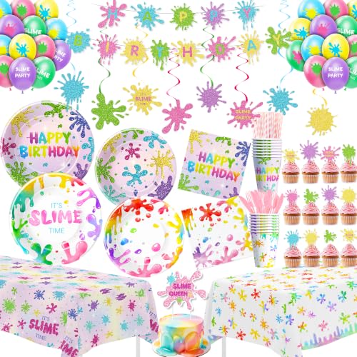Owelleny Slime Birthday Party Decorations Pastel Pink Purple Glitter Splatter Splash Colorful Slime Party Supplies Plate Napkin Cup Banner Tablecloth Balloon Swirls Topper Cutlery Serves 24