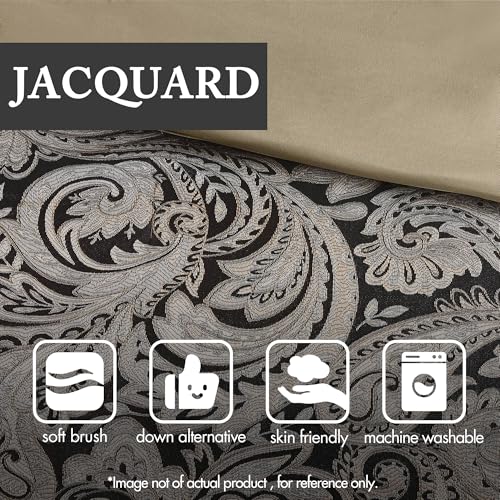 Image of Madison Park Aubrey Cozy Comforter Set, Faux Silk Jacquard Paisley Design - All Season Down Alternative Bedding with Cotton Bed Sheets, Bed Skirt & Toss Pillows, California King Black 12 Piece