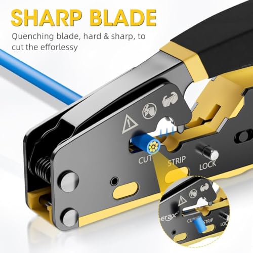 Image of COOLCOLD RJ45 Crimping Tool for Cat6 /Cat5e /Cat5 Ethernet Cable | Pass Through Network Crimper with Wire Stripper, 5 Cat6 Connectors & 5 Boots | LAN Cable Crimp Tool for Router & Networking Repair