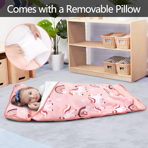 Image of Primlect Toddler Nap Mat, Portable Rolled Sleeping Mat | 51 inchx31 All-in-One Sleeping Bag with Removable Pillow and Soft Blanket, Machine Washable, for Daycare Travel, for Boys Girls