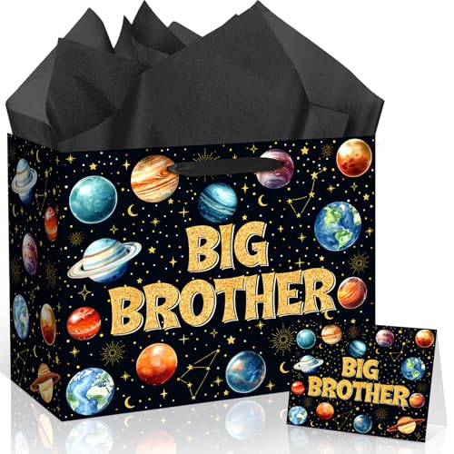 Outer Space Big Brother Gift Bag with Black Tissue Paper and Card Large Big Bro Gift Bag for Boys Galaxy Solar System Planets Wrapping Paper New Brother Party Decor for Little Boy Birthday 11.8in