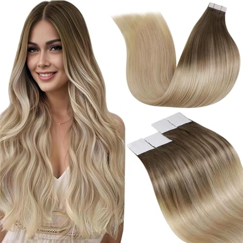 LaaVoo Extension Cheveux Naturel Adhesif Brun Clair Blanc Balayage 20pcs Extension Adhesive Cheveux Naturel Vrai Humain Marron Clair a Blonde Cendree Ombre Platine 30cm...