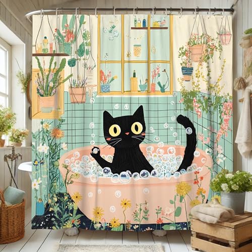 Cute Cat Bathtub Shower Curtain, Colorful Cat Bubbles Bathroom Decor, Playful Modern Art for Spring Summer Home, Waterproof Fabric Shower Curtain Set with Hooks 62x72 Inch
