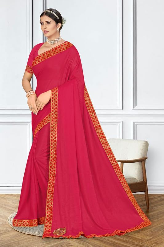 Image of V4M, Women's Fancy Chiffon Dyed Saree With Unstitched Blouse Piece Fancy Look.