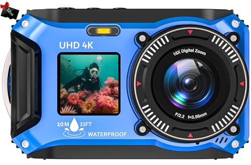 Digital Camera Yixinxin Underwater Camera 4K 64MP Autofocus Dual-Screen Selfie with 32GB Card 33FT Waterproof Camera for Snorkeling Point and Shoot Digital