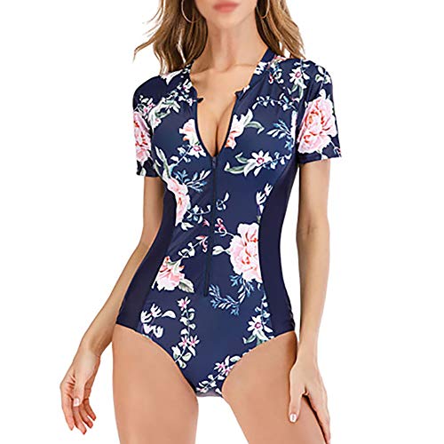 Women Zip Front Floral Print Half Sleeve One Piece Swimsuit Rash Guard Swimwear,L