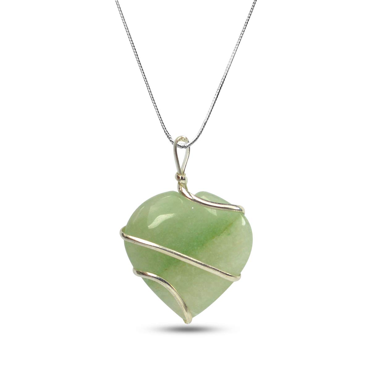 Reiki Crystal ProductsGreen Jade Pendant Heart Wire Wrapped Crystal Stone Pendant/Locket with Metal Chain for Reiki Healing & Crystal Healing Gemstone Size 30-35 mm (Color : Green)
