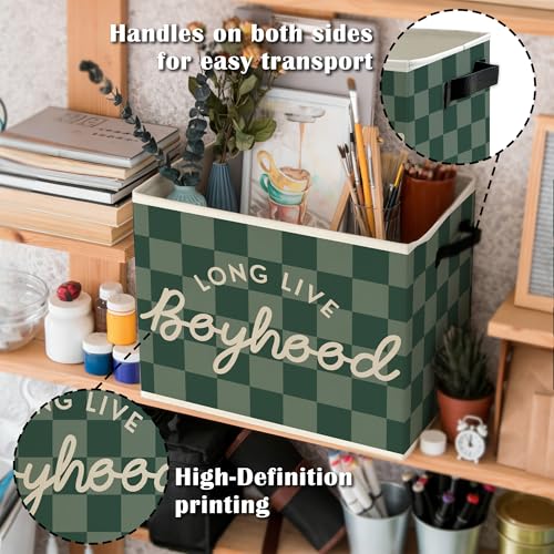 Image of Long Live Boyhood Boys Storage Bins Box with Handles, Green Checkered Pattern Collapsible Basket Organizer for Kids Teen Boy Nursery Room Bedroom Bathroom Playroom Books Clothes