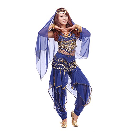 Pilot-Trade Women's Belly Dance Costume Set 4-Pieces Top Pants Hip Scarf Head Scarf with Gold Coins Dark Blue