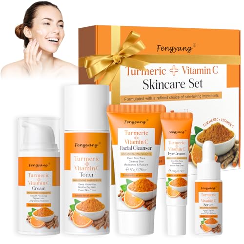 Fengyang ®Skin Care Set Con Curcuma Vitamina C,5 Piezas Cuidado De La Piel Kit Facial Mujer Con Limpiador Facial Toner Eye Cream Serum Y Crema Facial,Regalo Para Mujeres(5 Pcs)