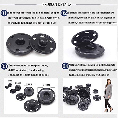 55 Sets Sew-on Snap Buttons Metal Snap Fastener Durable Press Studs Buttons for Sewing Clothing, 4 Sizes (Black) - Thumbnail 5