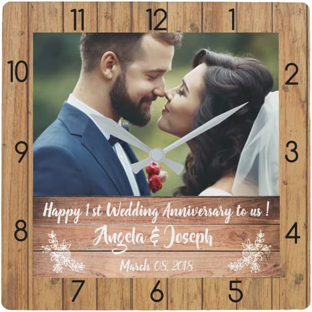 Personalized Wall Clock Family Frames Decor Custom Photo DIY Engraved Name & Date Wooden Unusual Clocks for Living Room Decor 9.84 x 9.84 Inch (Square)