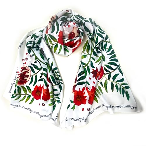 100% Silk Scarf with Pomegranate and Floral Garden Print Lightweight Summer Shawl Wrap for Women