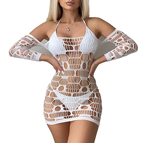 Image of Hollow Out Crochet Bodycon Cover Up Swimsuit Mini Dress Sexy Lingerie Off Shoulder Beach Swimwear