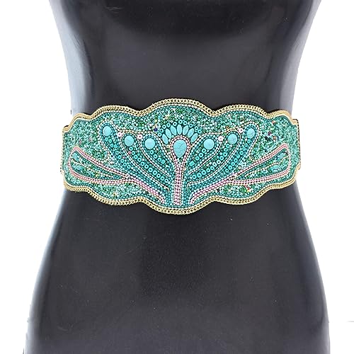 Bohemian Retro Wide Belts for Women Stretch Elastic Waist Belt Waist Cover Turquoise Crystal Floral Bead Body Chain 5