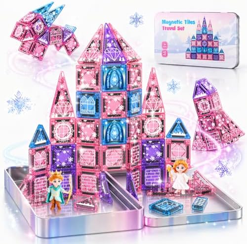 iKidiki Magnetische Bausteine Reiseset 43 Pcs, Mini Magnetbausteine Reisespiele Kinder Magnet Spielzeug ab 3 4 5 6 Jahre Mädchen Magnetic Tiles Geschenk Mädchen 3-6 Jahre Magnetic