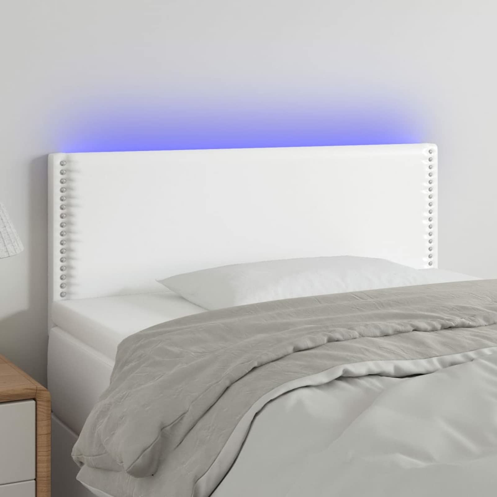 Homgoday Cabecero blanco con LED, 90 x 5 x 78/88 cm, de piel sintética, cabecero de cama, cabecero de cama de matrimonio, respaldo para cama y sofá