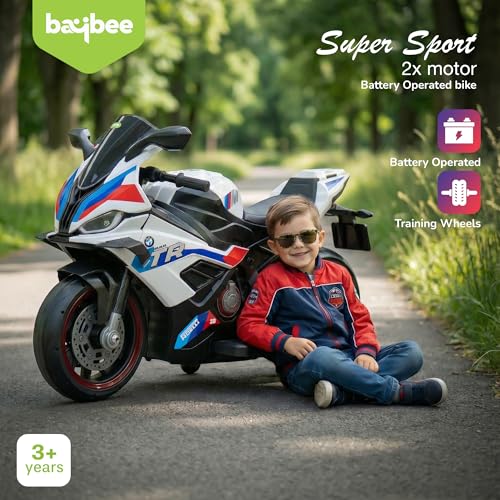 Image of Baybee BTR Baby Battery Operated Bike for Kids with Hand Accelerator USB Bluetooth, Rechargeable Rideon Toy Bike with RGB LED Light & Music, Baby Electric Bike for Kids 3+ Years Boys Girls (White)
