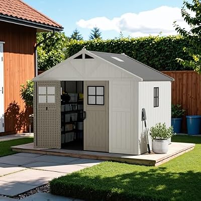 Devoko 10x8 FT Resin Outdoor Storage Shed with Floor for Patio Backyard Lawn, Beige
