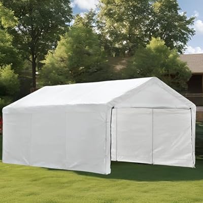 New Yard Carport, Heavy Duty Carport with Roll-Up Door & Removable Sidewalls, Portable Garage for Car, Truck, Boat, All-Season Car Canopy in Reflective Cooling White (10x20)