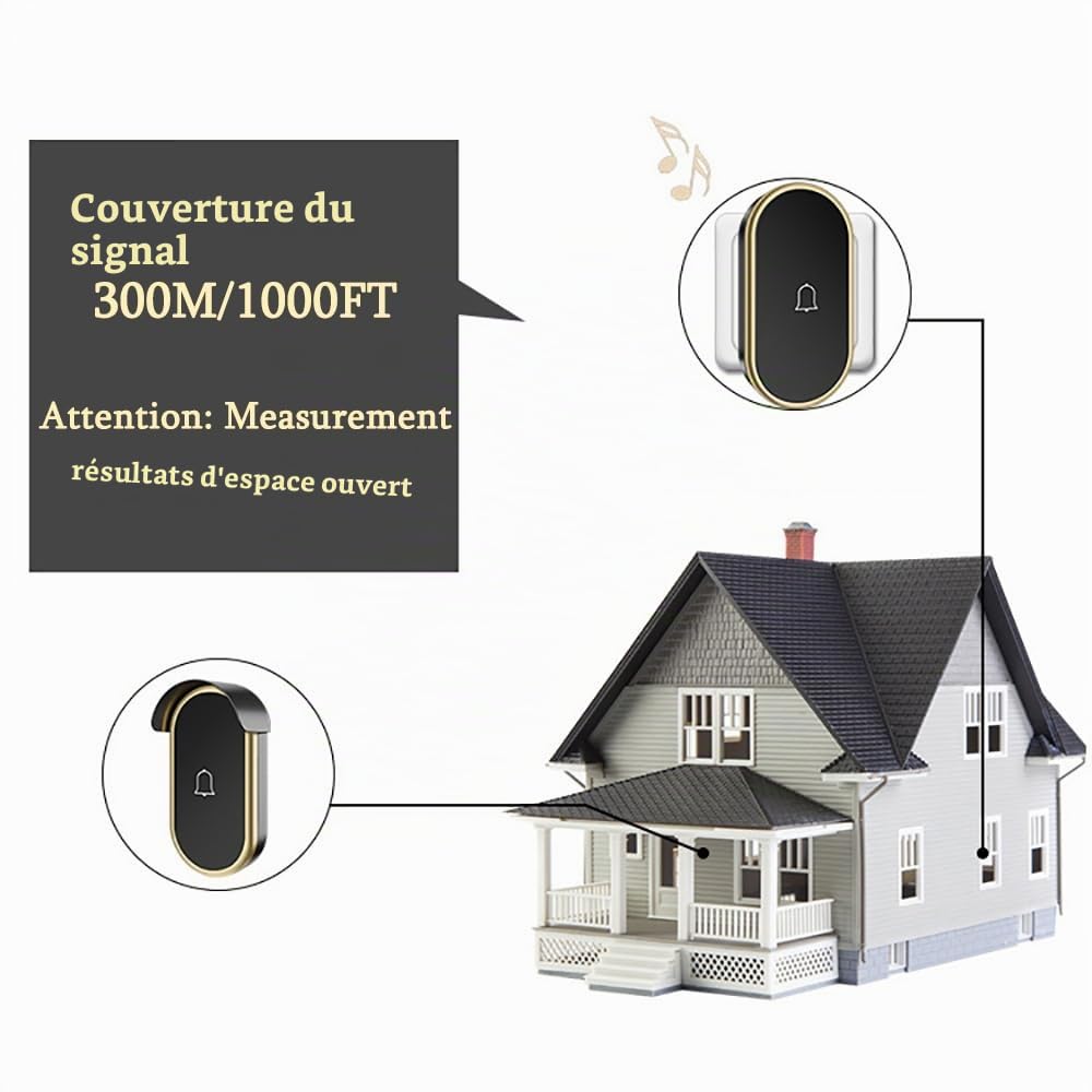 Sonnette sans Fil extérieure étanche,2 récepteurs et 3 émetteurs,Sonnette sans-Fil Longue portée Set sans Fil,portée 300m/1000ft,60 mélodies,Sonnette de Porte d'entrée pour Maison,Black Silver