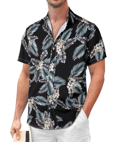 Chemise hawaïenne homme motif fleur de palmier noire vêtement été décontracté