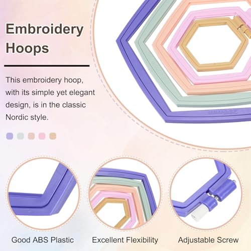 Image of PATIKIL 5 Pieces 4.1 inch x 3.7 inch Hexagonal Embroidery Hoops, Adjustable Cross Stitch Hoops Ring ABS Plastic Embroidery Frame Punch Needle Hoop for Sewing, Needlework, DIY Craft, Violet