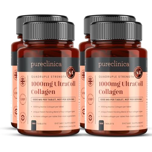 UltraColl Marine Collagen 1000mg x 720 Tablets (4 Bottles of 180 Tablets - 2 Years Supply). The only Patented Anti-Aging Collagen Types I, II, III, and VII