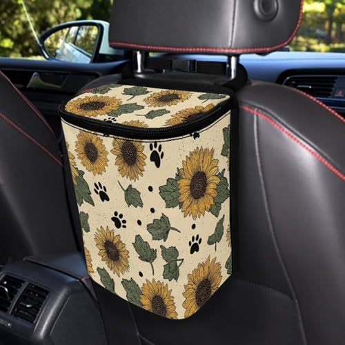 Image of Talayituse Sunflower Paw Leaves Print Car Trash Can with Adjustable Straps, Car Trash Bag Bin Car Garbage Bag Thanksgiving Decor Multipurpose Storage Box for Vehicle Travel Camping Picnicing