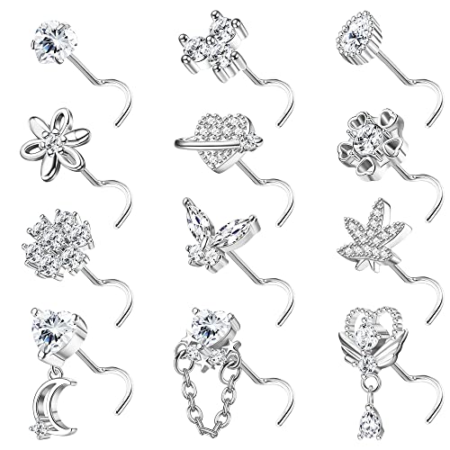 Sanfenly 12 PCS 20G Nose Rings Surgical Stainless Steel, L Shaped Nose Studs for Women Men, CZ Heart Butterfly Flower Leaf Moon Dangle Cute Nose Piercings Studs Screw Jewelry Pink/Purple/Blue/Clear
