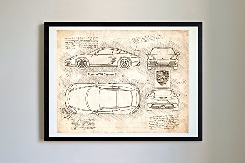 DolanPaperCo #284 Porsche 718 Cayman S 2016 Art Print, da Vinci Sketch - Unframed - Multiple Size/Color Options (17x22, Vintage)