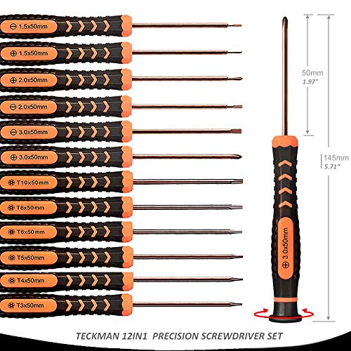 Precision Screwdriver Set of 12, TECKMAN Torx,Phillips,Flathead Screwdriver Set with T3 T4 T5 T6 T8 T10 Torx and Ph0 Ph00 Ph000 Phillips Screwdrivers for Xbox,PS4,Computer and Other Electronic Repairs