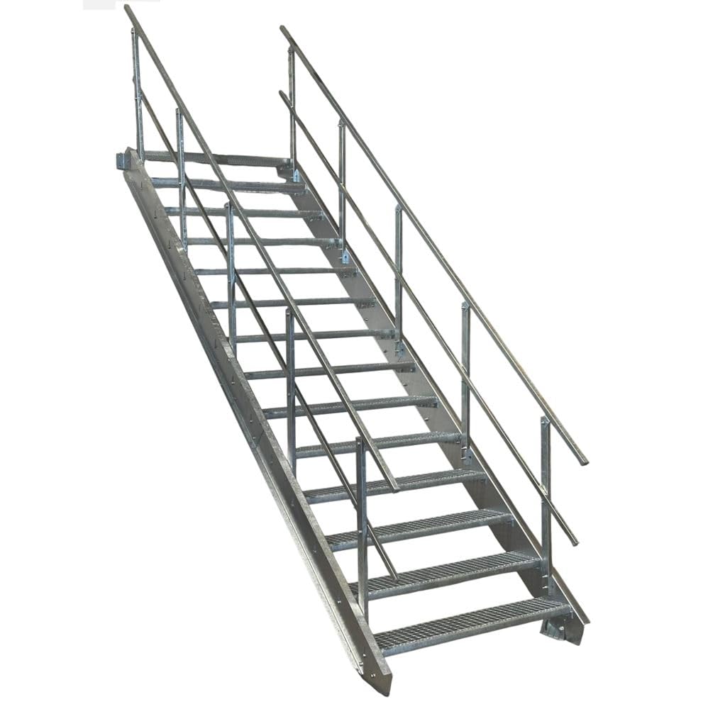 SRM Design 14 Stufen Stahltreppe mit beidseitigem Geländer Breite 80 cm Geschosshöhe 210-280 cm robuste Außentreppe Geschosstreppe Wangentreppe stabile Industrietreppe für den Innen- und Außenbereich