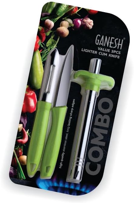 Ganesh Stainless Steel Gas Lighter with Knife & Peeler for Kitchen Use Restaurants Metal Gas Stove Lighter Regular Size Easy Grip, 3-Piece, Colour May Vary Colour