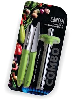 Ganesh Stainless Steel Gas Lighter with Knife & Peeler for Kitchen Use Restaurants Metal Gas Stove Lighter Regular Size Easy Grip, 3-Piece, Colour May Vary Colour - image, photos