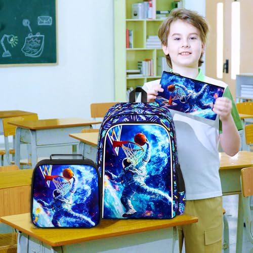 Image of HPJGD 3PCS Kids Astronaut Backpack, Water Resistant Bookbag for Boys Set with Lunch Box, Cool School Bag for Elementary Preschool Toddler - Basketball Astronaut