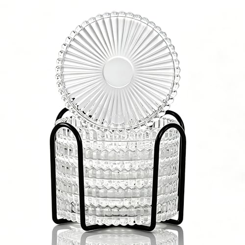 Modern Clear Coaster Set of 6- Glass Coasters for Drinks with Holder