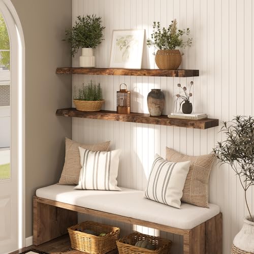 Image of 48 inch Live Edge Floating Shelves, Solid Elm Wood, Vintage
