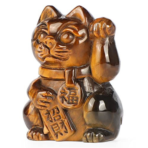 Smq Tiger Eye Crystal Lucky Cat Statue Figurine Maneki Neko,Hand Carved Gemstone Feng Shui Fortune Money Cat Animal Carvings For Greater Fame And Successful Career #TOP1